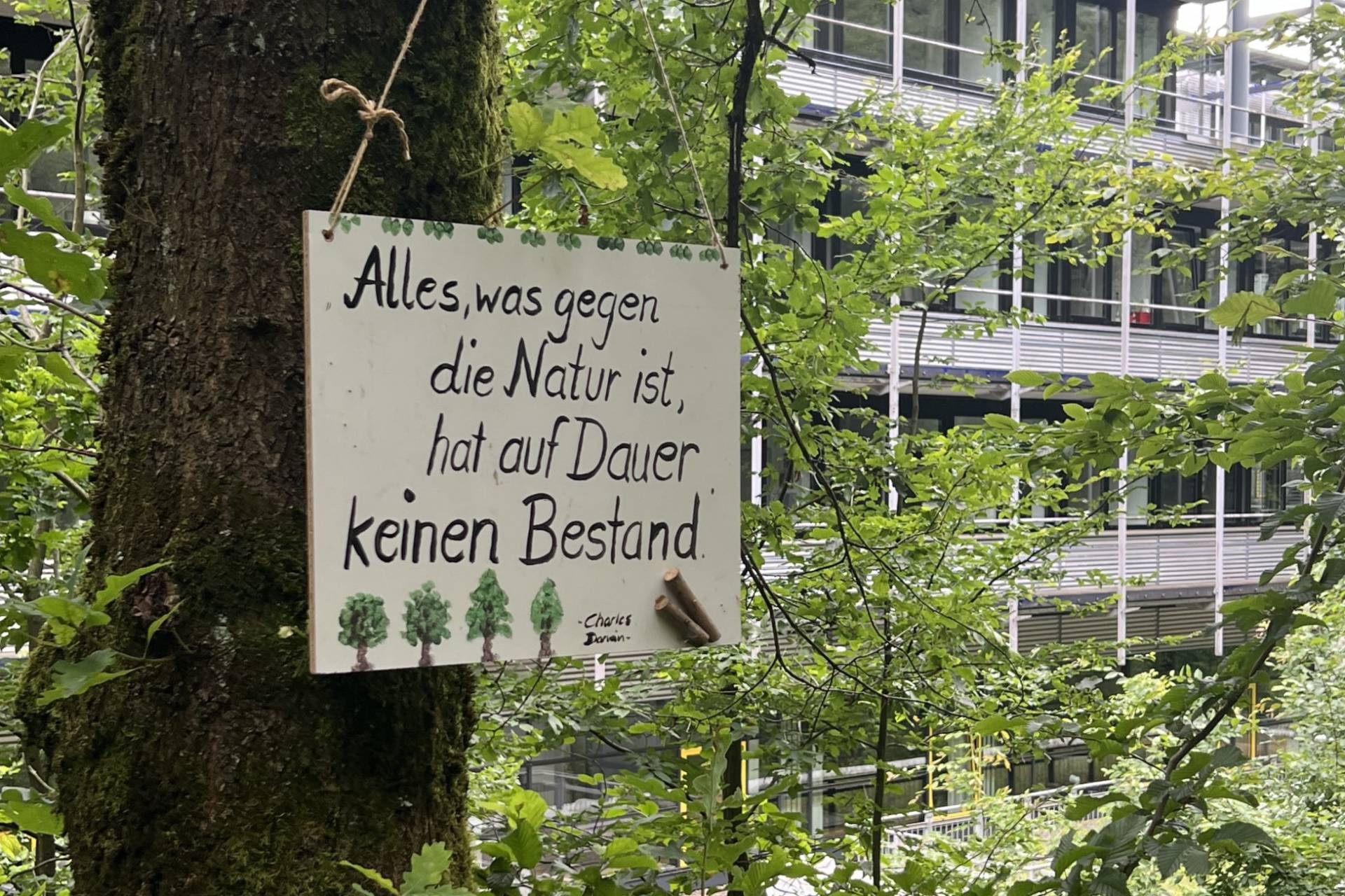 Baumschild 'Alles, was gegen die Natur ist, hat auf Dauer keinen Bestand'